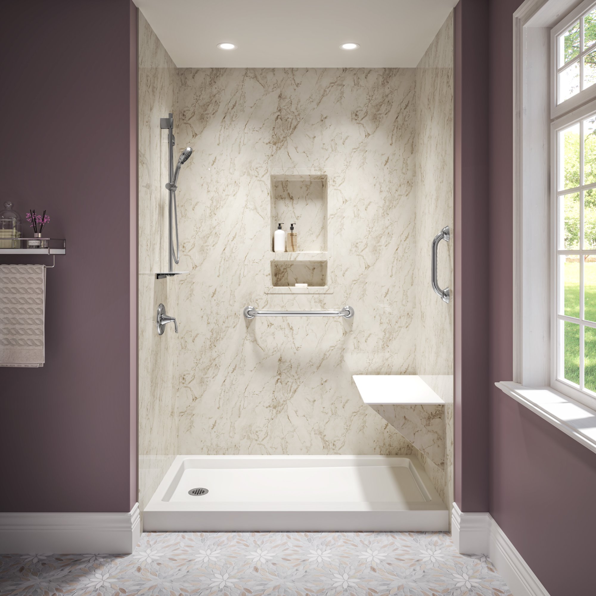Coastal Sands shower with grab bars and bench