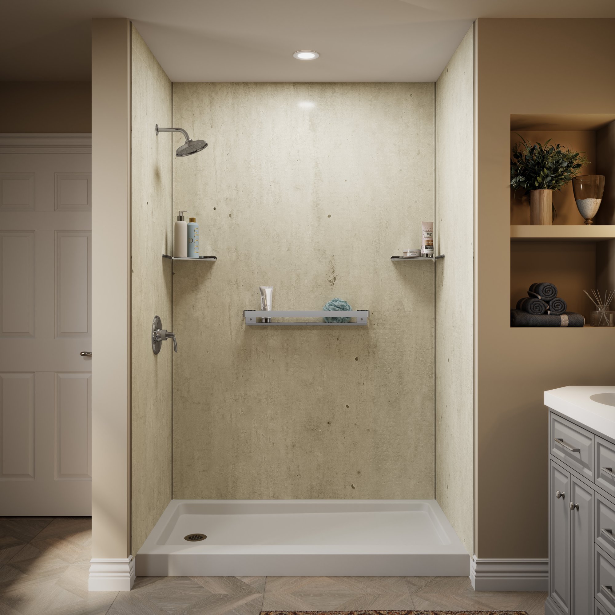 Farmhouse stone look tub and shower
