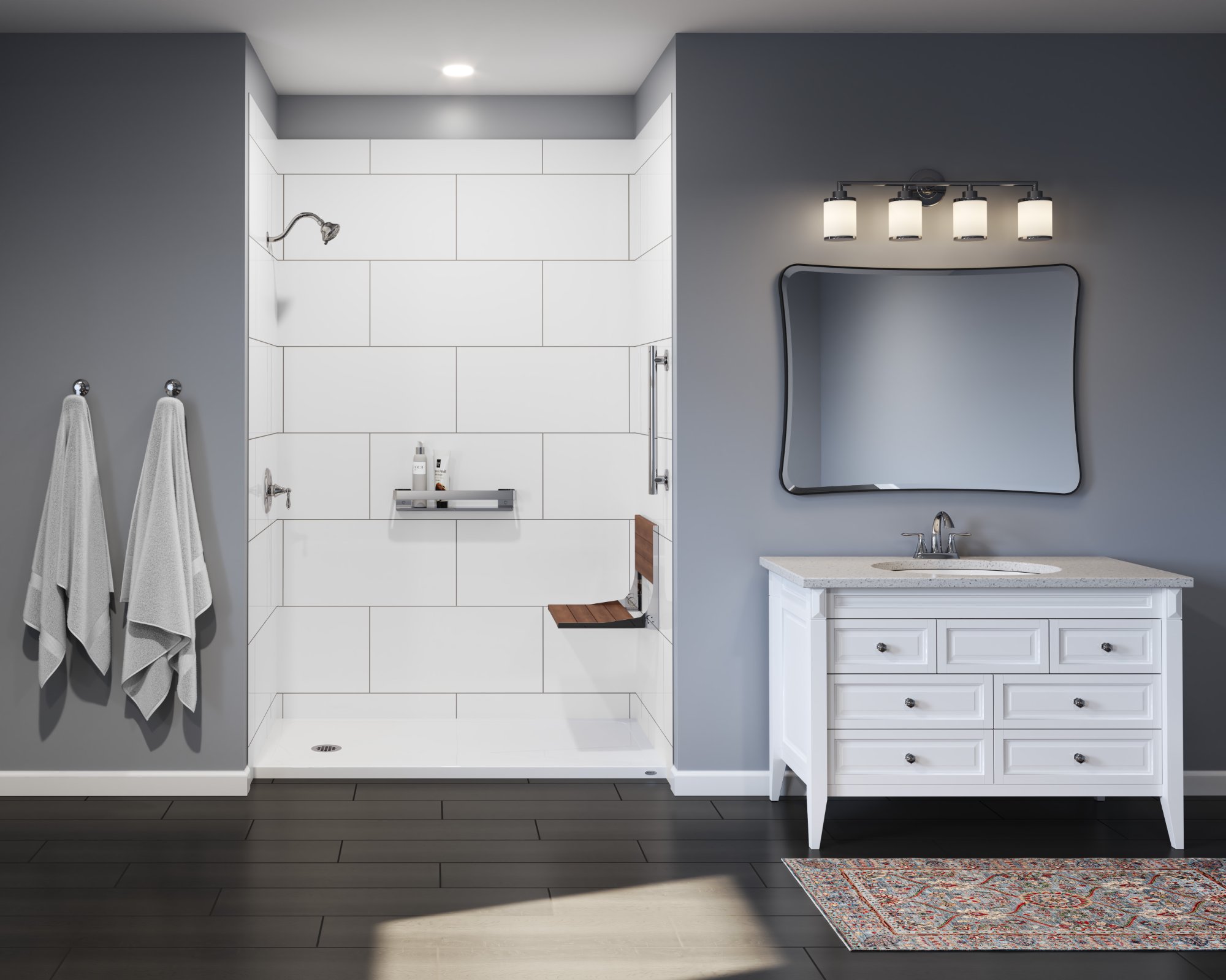 Accessible shower with safety bench and grab bars