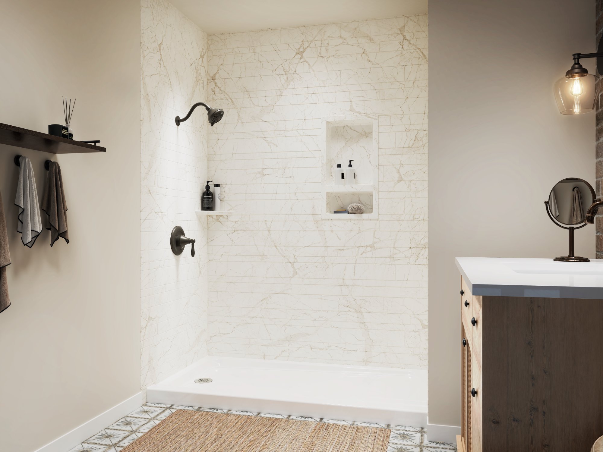 Custom walk-in shower with cafe marble walls and sliding glass doors